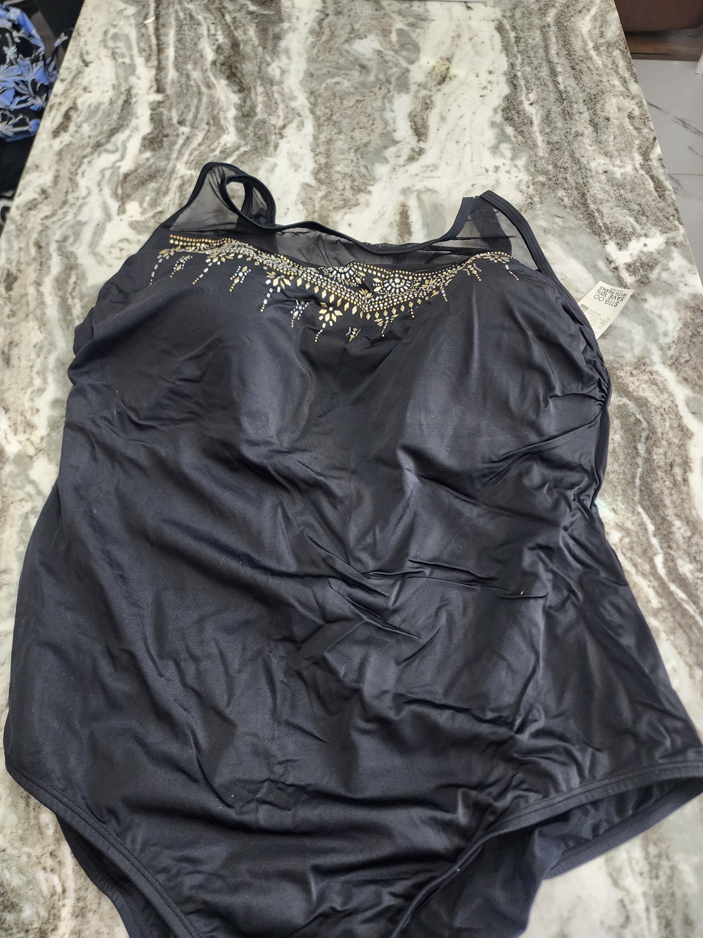 Catherines Black One-Piece Swimsuit with Gold Embellished Neckline